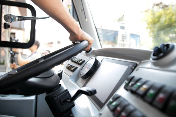 istock Seat and steering wheel. Bus driver 1162934240