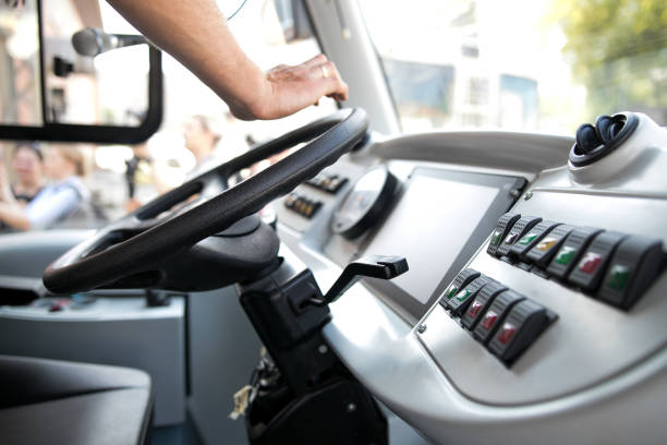 istock Seat and steering wheel. Bus driver 1162934242
