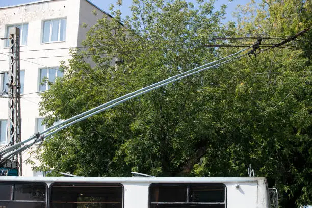 Close-up of trolleybus wires, top view image