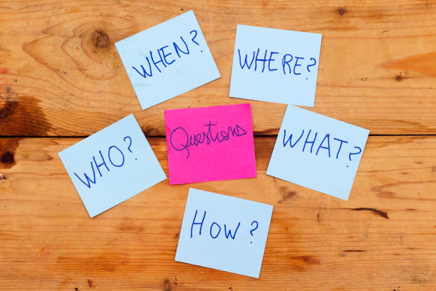 istock Questions - Why? What? Where? When? Why? How? on blue stickers on wooden background. Business, text, communication, information, message, note, paper, word 1162937767
