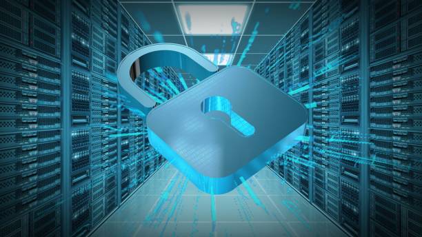 istock Information protection and cyber security. Closed Padlock on server room background 1162940219