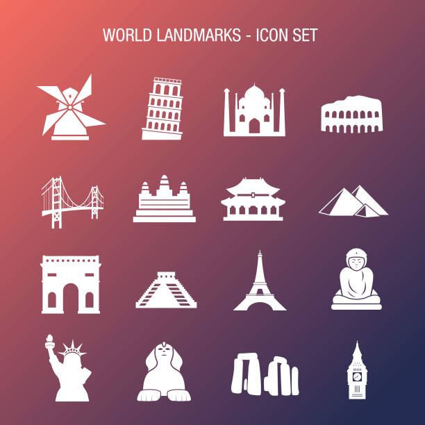 ilustrações de stock, clip art, desenhos animados e ícones de world landmarks icon set coral and blue gradient background - tiananmen square