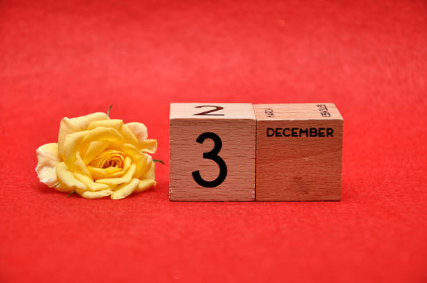 istock 3 December on wooden blocks with a yellow rose on a red background 1162953328