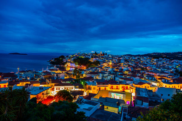 Skiathos, Greece - Jun 03, 2019: Night image of the beautiful old town on the Mediterranean island Skiathos
