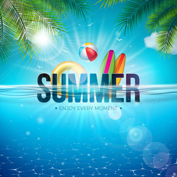 vektor-sommer-illustration mit strandball, palmblätter, surfboard und 3d typografie-brief auf unterwasser blau ozean hintergrund. realistische sommer urlaub urlaub design für banner, flyer, einladung, broschüre, poster oder grußkarte. - relaxation vacations heat sunglasses stock-grafiken, -clipart, -cartoons und -symbole