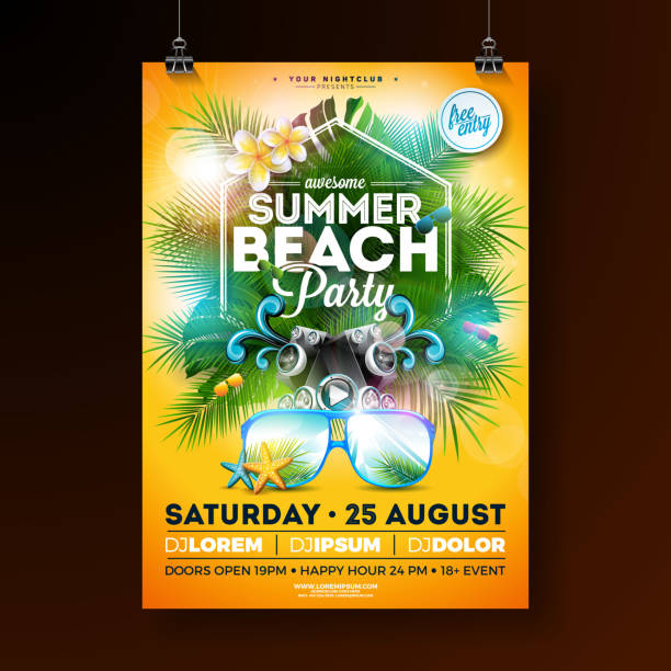 Summer Beach Party Flyer Design with flower, lifebelt and sunglasses on yellow background. Vector Summer Celebration Design template with nature floral elements, tropical plants and typograpy letter for banner, flyer, invitation, holiday poster. Summer Beach Party Flyer Design with flower, lifebelt and sunglasses on yellow background. Vector Summer Celebration Design template with nature floral elements, tropical plants and typograpy letter for banner, flyer, invitation, holiday poster beach party stock illustrations