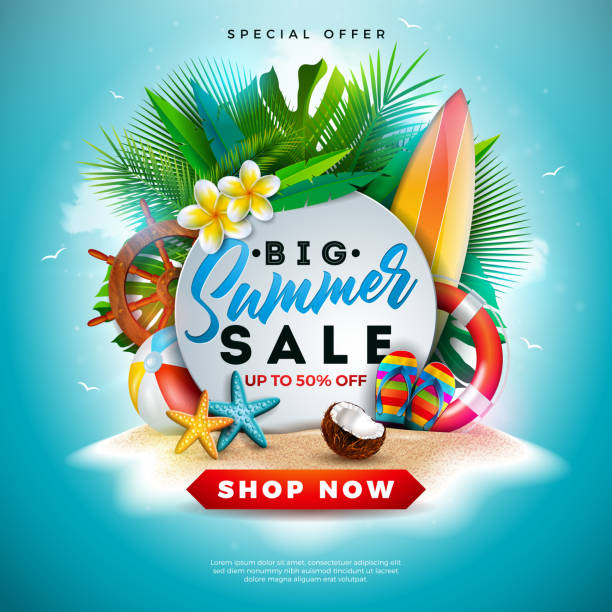 istock Summer Sale Design with Flower, Beach Holiday Elements and Exotic Leaves on Ocean Blue Background. Tropical Floral Vector Illustration with Special Offer Typography for Coupon, Voucher, Banner, Flyer, Promotional Poster, Invitation or greeting card. 1162955874