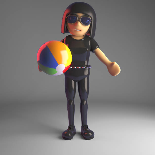 istock Leather clad goth girl plays with a beachball, how natural, 3d illustration 1162956964