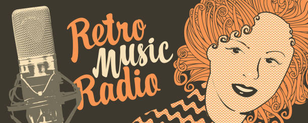 illustrations, cliparts, dessins animés et icônes de bannière pour radio de musique rétro avec microphone - woman taking radio vintage