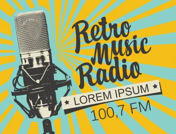 Vector illustration of banner for retro music radio with microphone