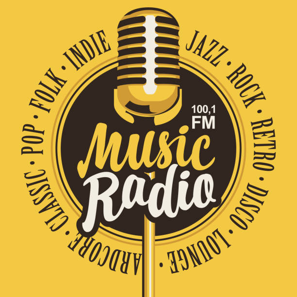 banner for music radio with golden microphone Vector banner for music radio station with microphone and inscription in retro style. Radio broadcasting concept with classic dynamic mic. Suitable for banner, ad, poster, flyer, logo hardcore music style stock illustrations