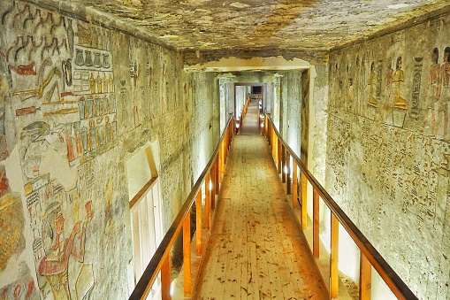 Looking up the narrow and steep ramp of King Teti's Pyramid towards the entrance. The tomb of King Teti is cut into the bedrock. His pyramid was built above the tomb.