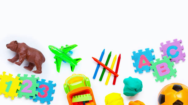 istock Colorful kids toys on white background. 1162958970