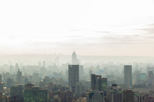 View of buildings and skyscraper in the city covered by smog