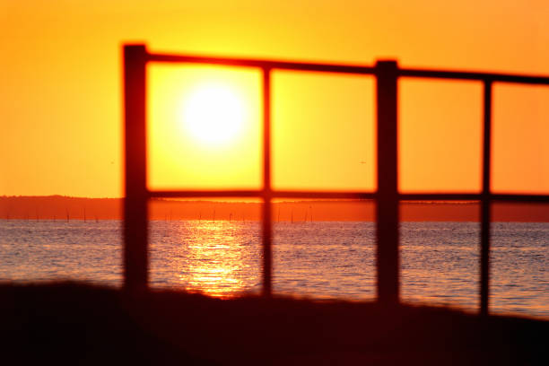 istock Blurred silhouette of a fence on a seashore during the sunset 1162959783