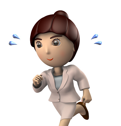 Young Asian woman in a suit. She is running busy. White background. 3D illustration.
