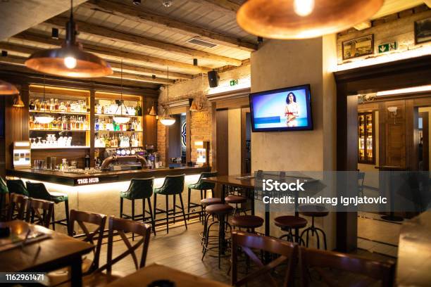 Bar Without Guests Stock Photo - Download Image Now - Bar - Drink Establishment, Bar Counter, Television Set