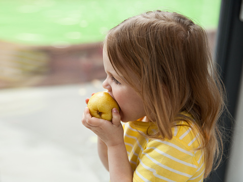 little girl eating a ripe yellow pear
