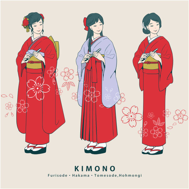 Japanese woman wearing a kimono. Furisode,Hakama,Irotomesode. geta sandal stock illustrations