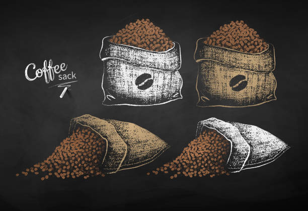 ilustraciones, imágenes clip art, dibujos animados e iconos de stock de conjunto de sacos dibujados de tiza con granos de café - coffee bean coffee crop heap backgrounds