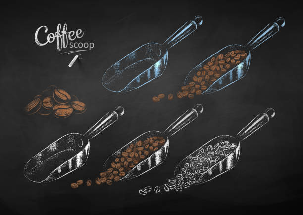 ilustraciones, imágenes clip art, dibujos animados e iconos de stock de conjunto de tiza vectorial dibujado de cucharas de café de metal - coffee bean coffee crop heap backgrounds