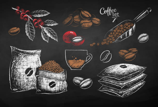 ilustrações de stock, clip art, desenhos animados e ícones de vector illustrations of coffee beans sack and leaves - chalk drawing illustrations
