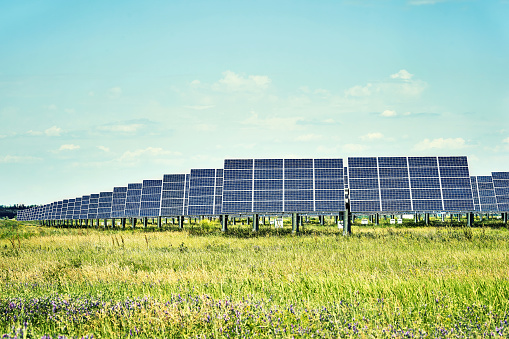 Solar station. Solar panels for the production of natural solar energy along the road.