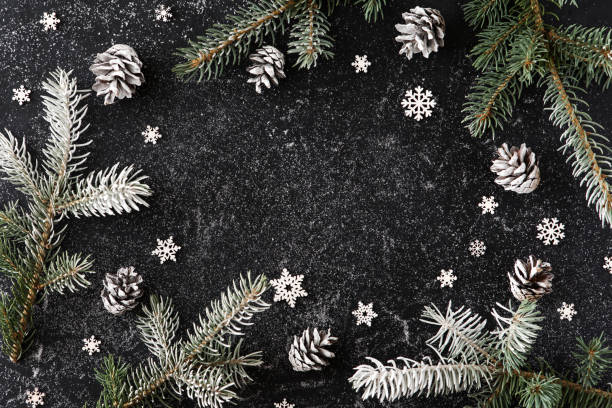 istock Christmas black background with snowy fir tree and cones. Top view with copy space 1162976800