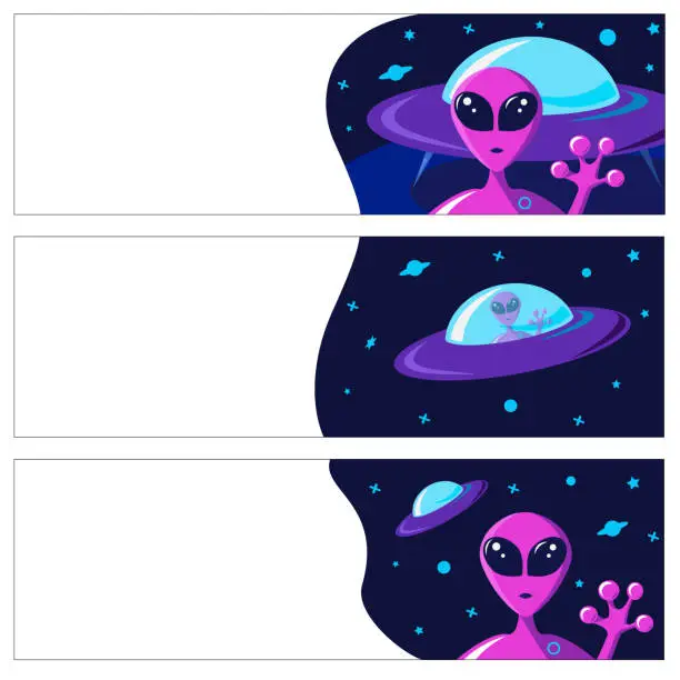 Vector illustration of Set collection invitation cards on a fantasy space theme with a portrait of a purple alien and flying saucer ship.Spacecraft on the planet, starry sky of the galaxy. Copy space vector illustration