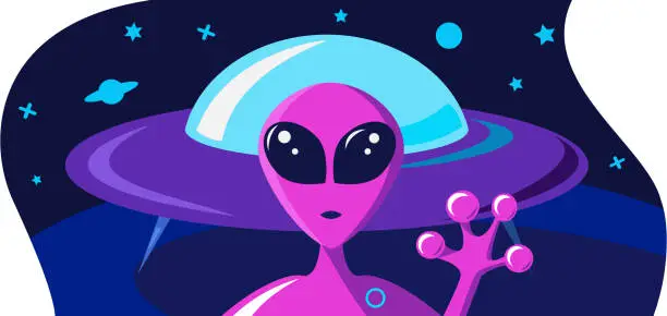 Vector illustration of Extraterrestrial greets welcome hand concept. Invitation card on a space theme with a portrait of a purple alien and flying saucer ship spacecraft on surface the planet. Copy space vector illustration