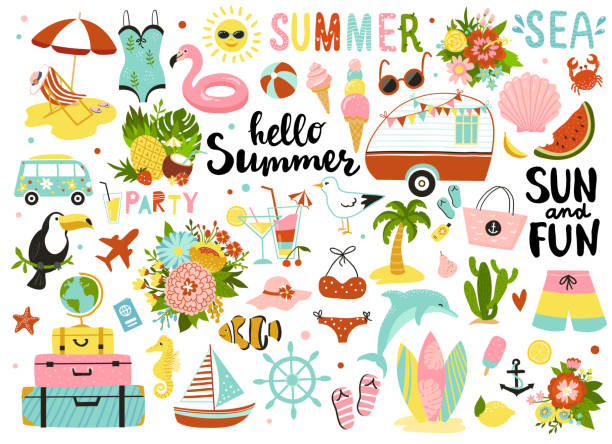 Set of cute summer elements. Set of cute summer elements: sun, palm tree, beach umbrella, calligraphy, tropical flowers and birds. Perfect for summertime poster, card, scrapbooking , tag, invitation, sticker kit.  Hand drawn vector illustration summer icons stock illustrations