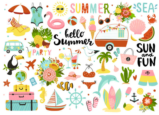 Set of cute summer elements. Set of cute summer elements: sun, palm tree, beach umbrella, calligraphy, tropical flowers and birds. Perfect for summertime poster, card, scrapbooking , tag, invitation, sticker kit.  Hand drawn vector illustration palm tree cartoon stock illustrations