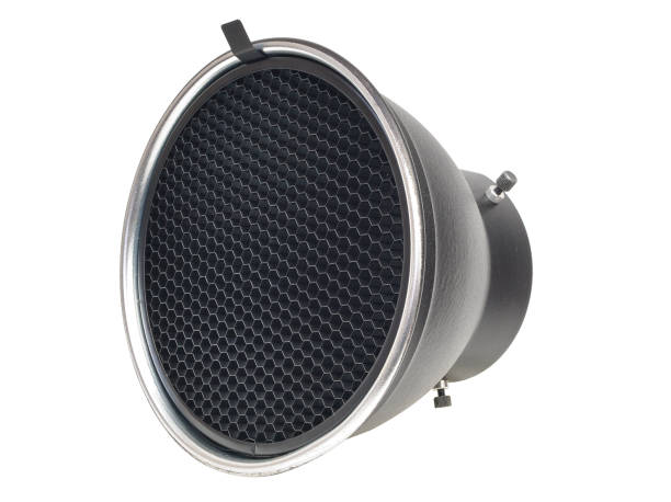 istock Reflector with honeycomb grid accessory for studio strobes and flashes The honeycomb grid helps to focus contain the light to a narrower more defined area of coverage. Isolated on 255 White Background 1162984954