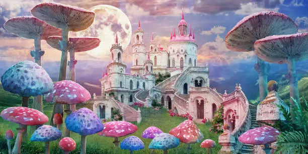 fantastic landscape with mushrooms.
illustration to the fairy tale "Alice in Wonderland"
