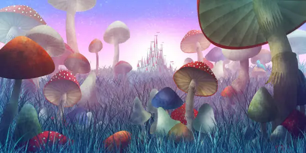 fantastic landscape with mushrooms and fog.
illustration to the fairy tale "Alice in Wonderland"