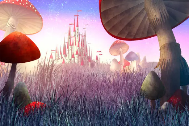 fantastic landscape with mushrooms and fog.
illustration to the fairy tale "Alice in Wonderland"