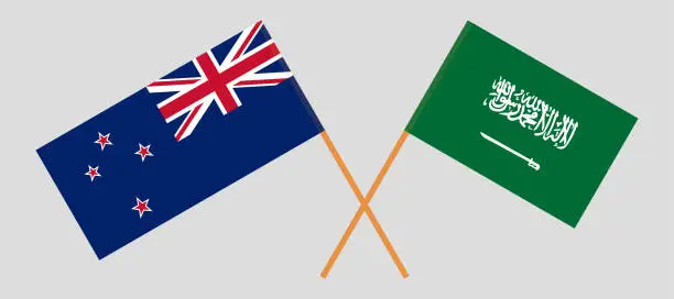 Vector illustration of Crossed New Zealand and KSA flags