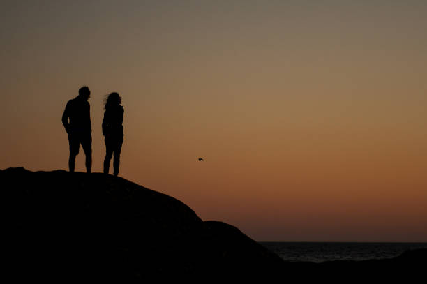 istock couple silhouettes looking ocean on sunst background 1162990211