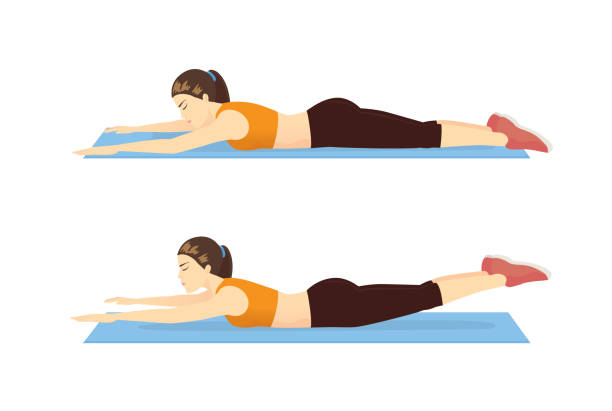 Woman doing exercise with Super hero flying position on blue mat in 2 step for guide. Woman doing exercise with Super hero flying position on blue mat in 2 step for guide. Illustration about Workout diagram. gymnastics stretches stock illustrations