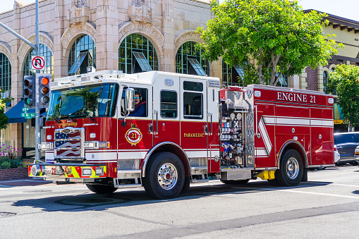 July 14, 2019 San Mateo / CA / USA - San Mateo Fire Department vehicle travelling through the city; San Francisco bay area