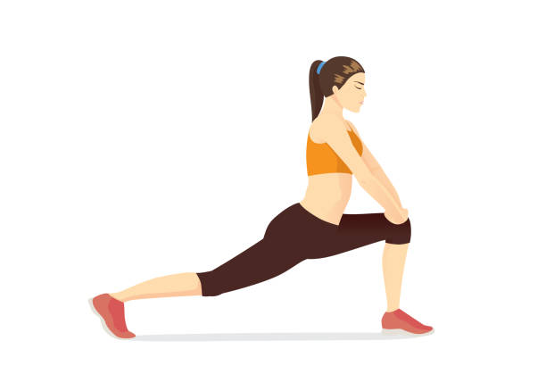 ilustraciones, imágenes clip art, dibujos animados e iconos de stock de mujer haciendo ejercicio con low lunge pose. - isquiotibial