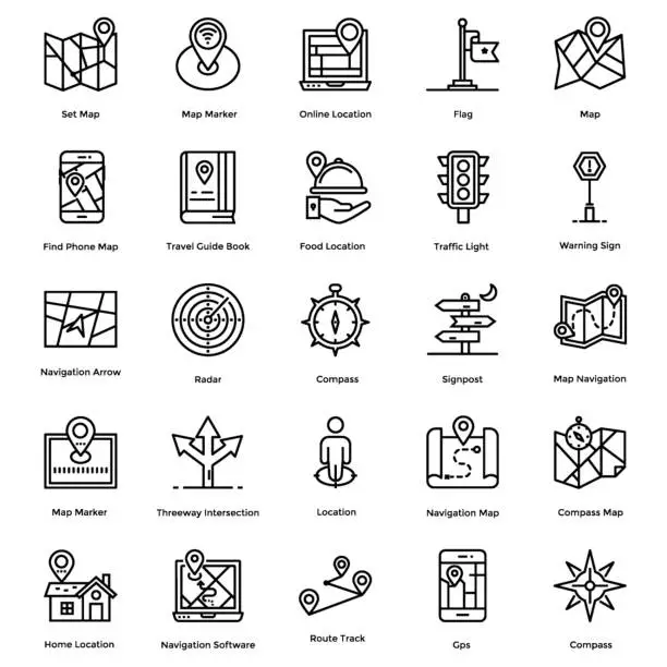 Vector illustration of Navigation, Map and Direction Line Icons Pack