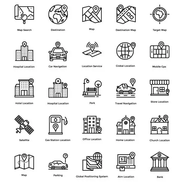 Vector illustration of Navigation, Map and Direction Line Icons Set