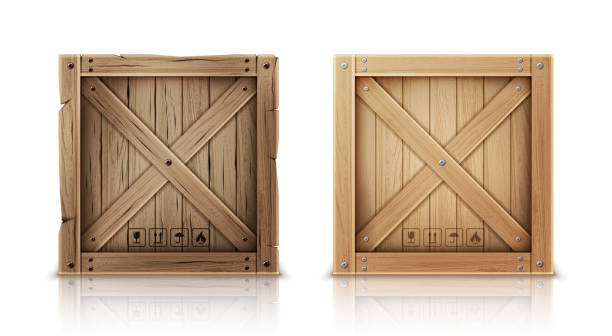 New and aged wooden crate realistic vector Wooden box closed by metal nails realistic vector illustration. New and aged wooden crate or cargo box for storage, transportation and delivery with postal symbols, isolated on white background wood box stock illustrations