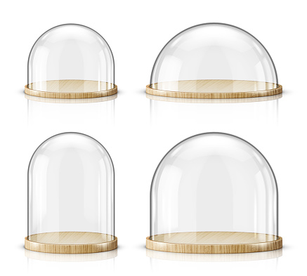 Glass dome and wooden tray realistic vector. Glass round dome of various shapes with light wood plate, food storage container or product presentation case with reflection, isolated on white background