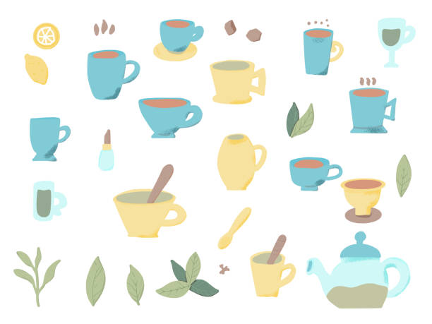 ilustrações de stock, clip art, desenhos animados e ícones de tea set. cups and teapots. vector illustration. - hot chocolate cup chai heat