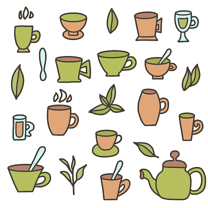 Tea set. Cups and kettele. Hot beverage stuff. Vector illustration.