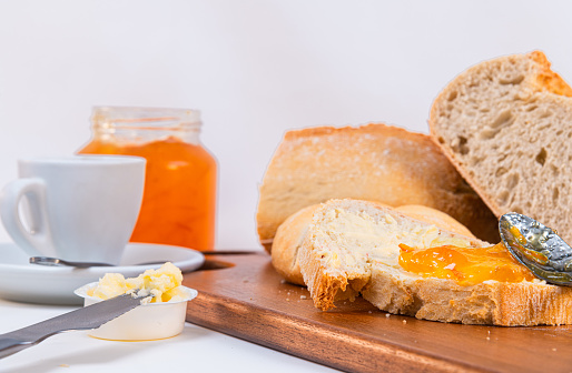 Morning table. Breakfast with coffee, marmalade and homemade bread