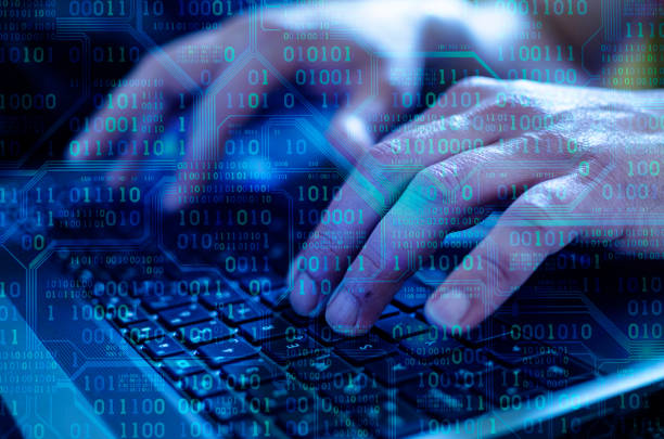 Close up of business man hand working on  laptop computer