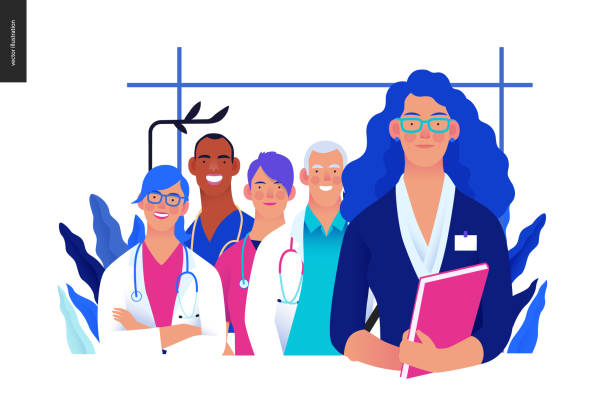 Medical insurance illustration - hospital administrator Medical insurance illustration -hospital administrator -modern flat vector concept digital illustration - a female hospital administrator with a team of doctos concept, medical office or laboratory chiefs stock illustrations